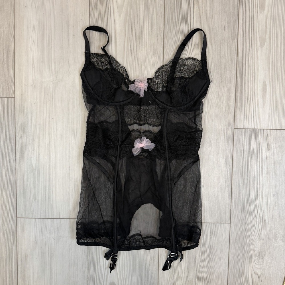 Victoria Secret Black Garter‎ Slip Chemise Babydoll 36C Underwire Y2K Lace
